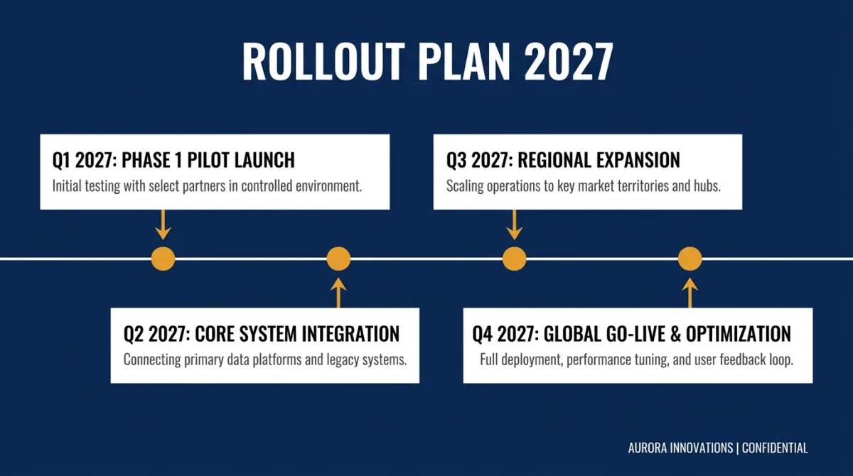 Dark-background quarterly rollout timeline slide, generated as an image by Nano Banana Pro